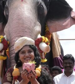 Photo shows Niranja the mechanical elephant and the people who attended the inauguration ceremony earlier this month