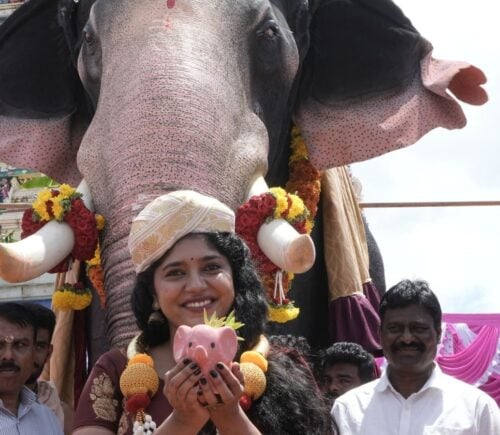 Photo shows Niranja the mechanical elephant and the people who attended the inauguration ceremony earlier this month