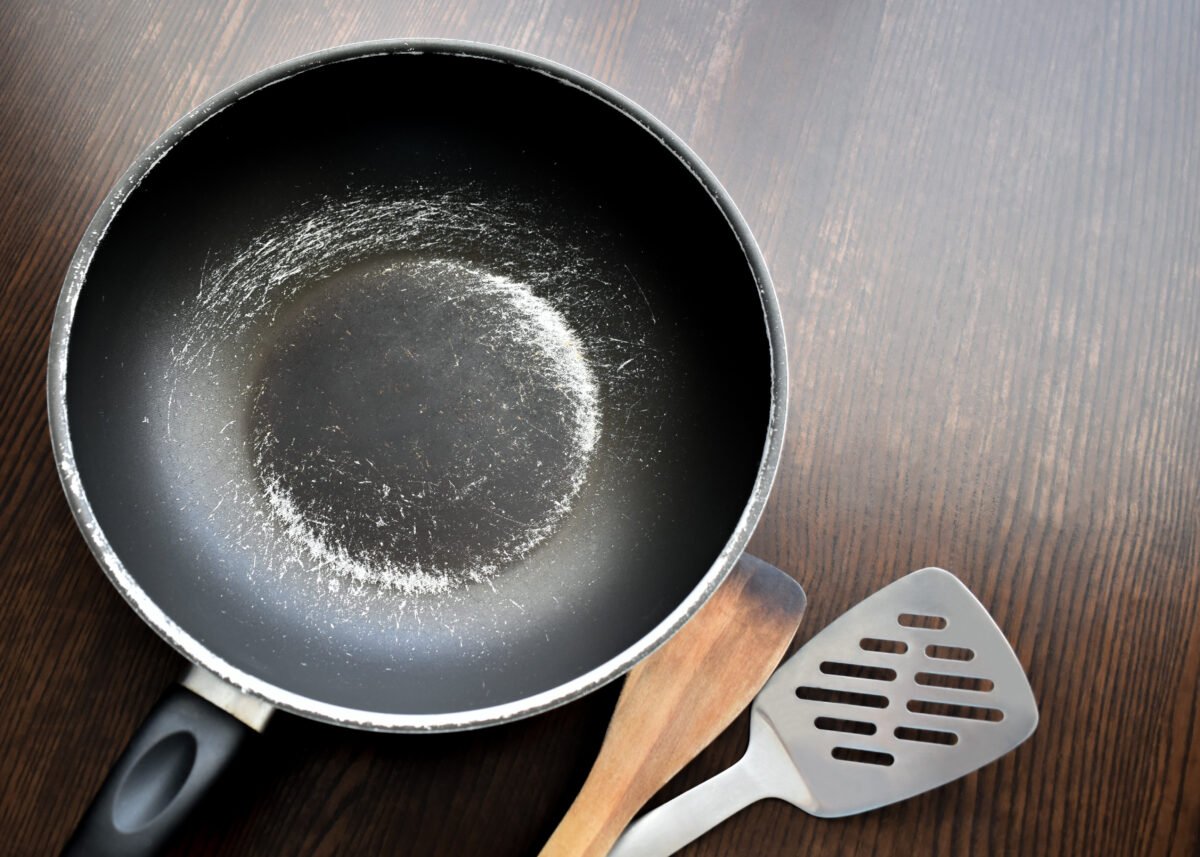 A scratched non-stick pan, some of which are contaminated with toxic "forever chemicals" PFAS