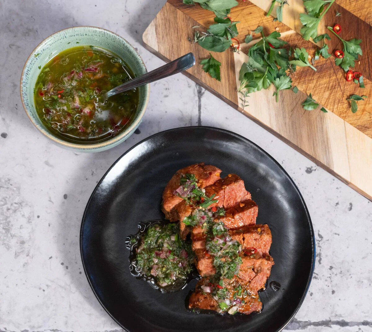 Photo shows the Planted steak topped with chimichurri