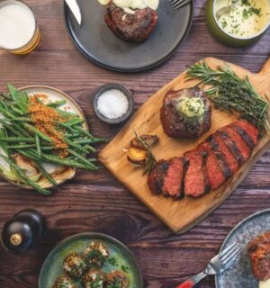 Photo shows a selection of dishes made with the Planted vegan steak