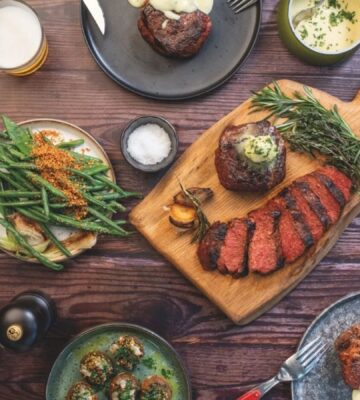 Photo shows a selection of dishes made with the Planted vegan steak