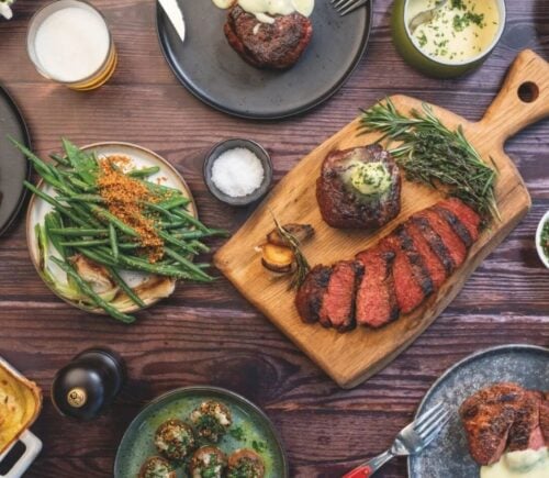 Photo shows a selection of dishes made with the Planted vegan steak