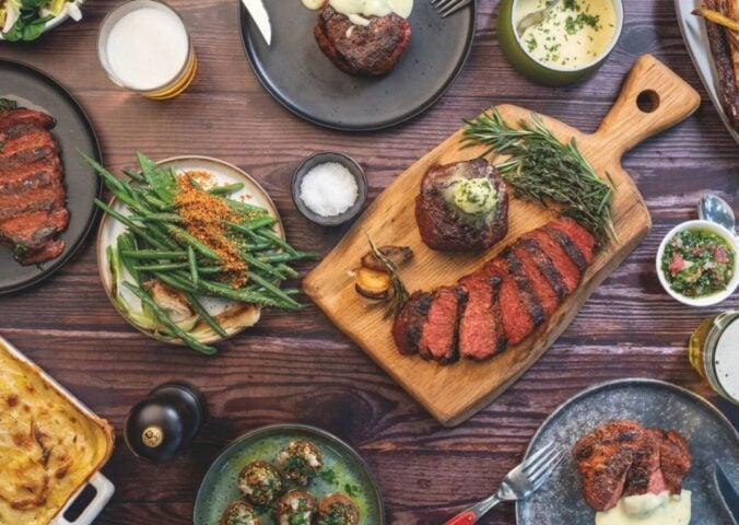 Photo shows a selection of dishes made with the Planted vegan steak