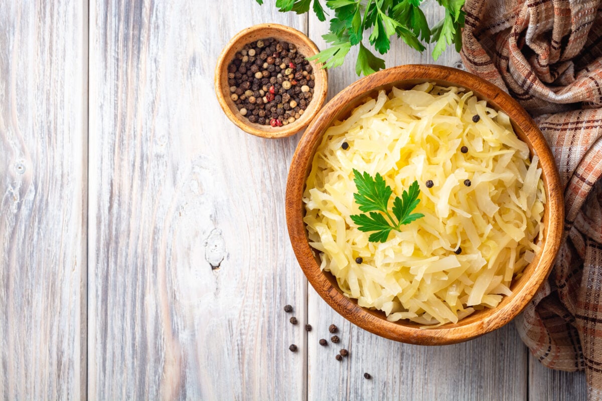 A bowl of gut-friendly vegan sauerkraut