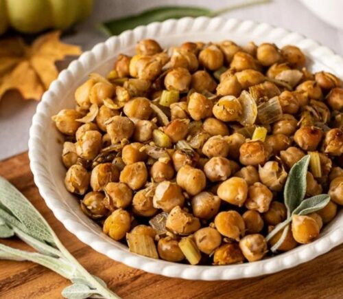 a picture of a bowl of oil-free savory autumn chickpeas perfect for cold weather