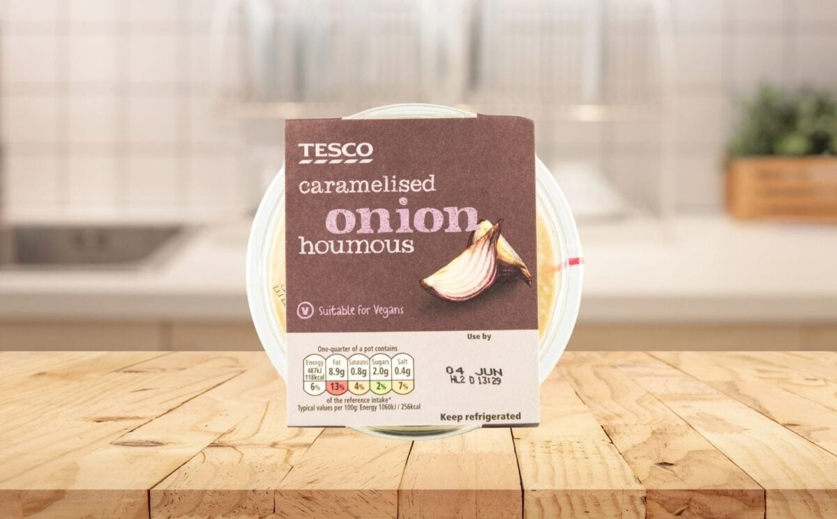 A pot of Tesco houmous, which now comes without a lid