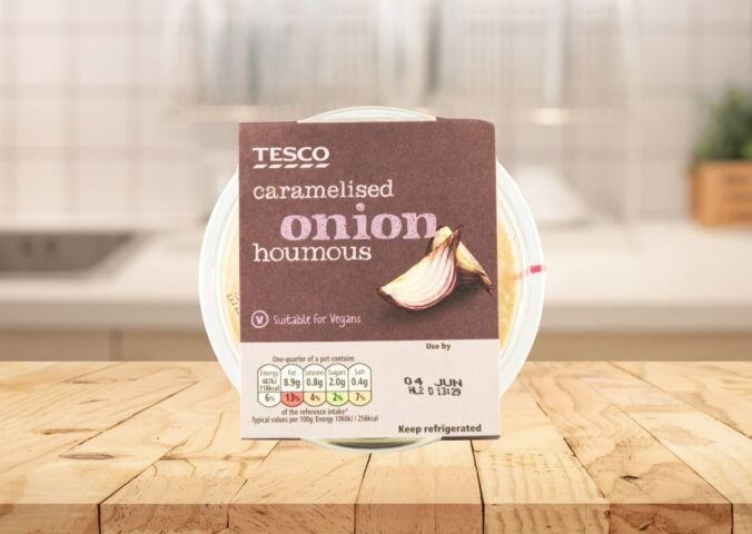 A pot of Tesco houmous, which now comes without a lid