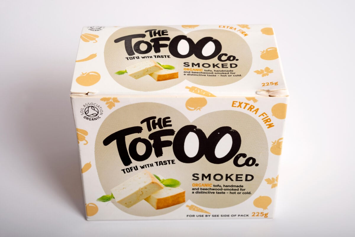 A block of firm smoked tofu from vegan brand The Tofoo Co