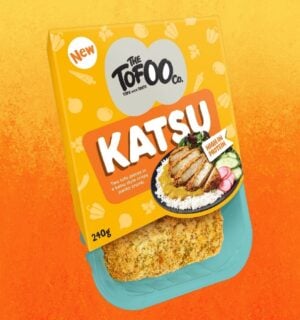 A packet of vegan Tofoo katsu in front of an orange background