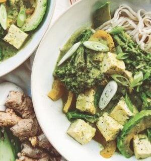 A bowl of high protein vegan avocado noodles complete with tofu, broccoli, and peppers