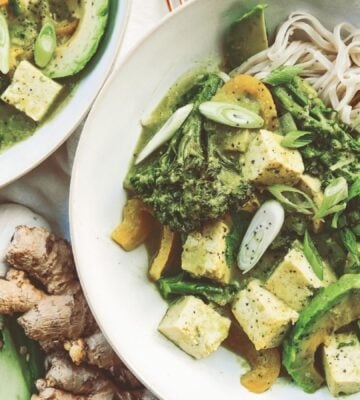 A bowl of high protein vegan avocado noodles complete with tofu, broccoli, and peppers