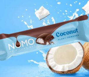 The new NOMO dairy-free coconut chocolate bar, which is in the style of a vegan Bounty