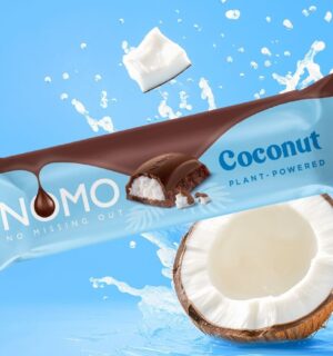 The new NOMO dairy-free coconut chocolate bar, which is in the style of a vegan Bounty