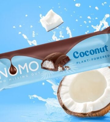 The new NOMO dairy-free coconut chocolate bar, which is in the style of a vegan Bounty