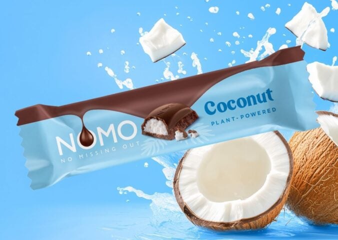 The new NOMO dairy-free coconut chocolate bar, which is in the style of a vegan Bounty