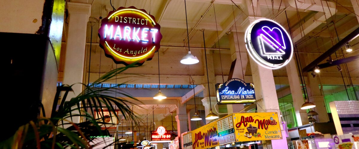 Photo shows LA's Grand Central Market, which is home to several vegan eateries