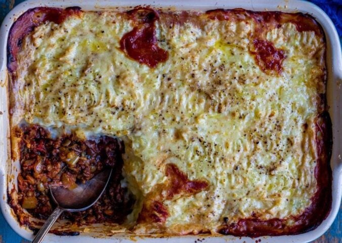 a picture of a vegan shepherd's pie made with lentils