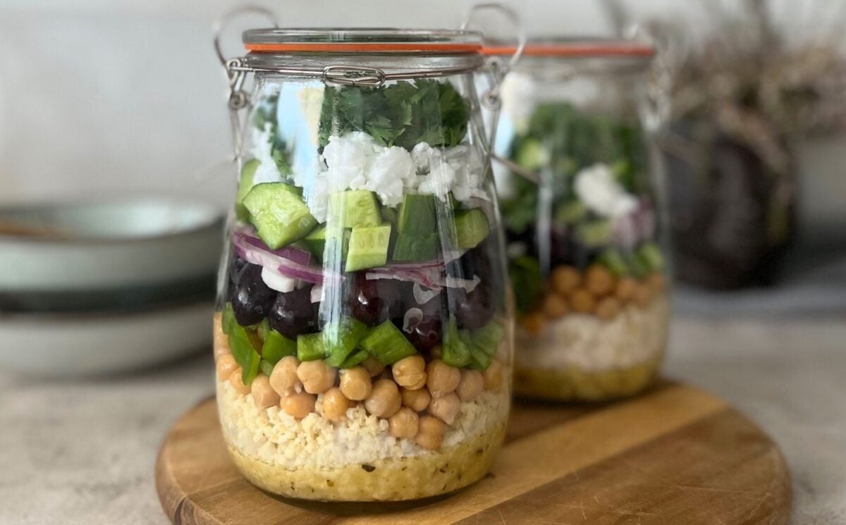 A vegan jarred salad made with plant-based ingredients