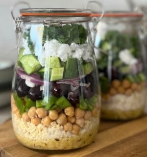 A vegan jarred salad made with plant-based ingredients