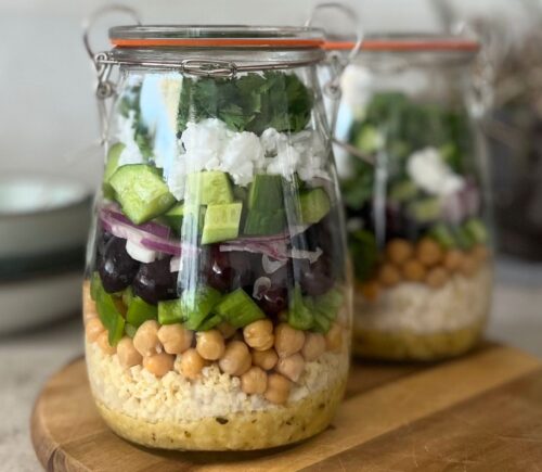 A vegan jarred salad made with plant-based ingredients