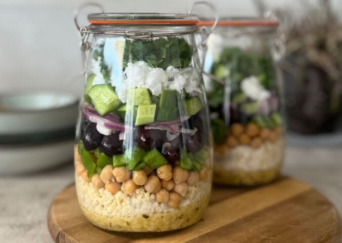 A vegan jarred salad made with plant-based ingredients