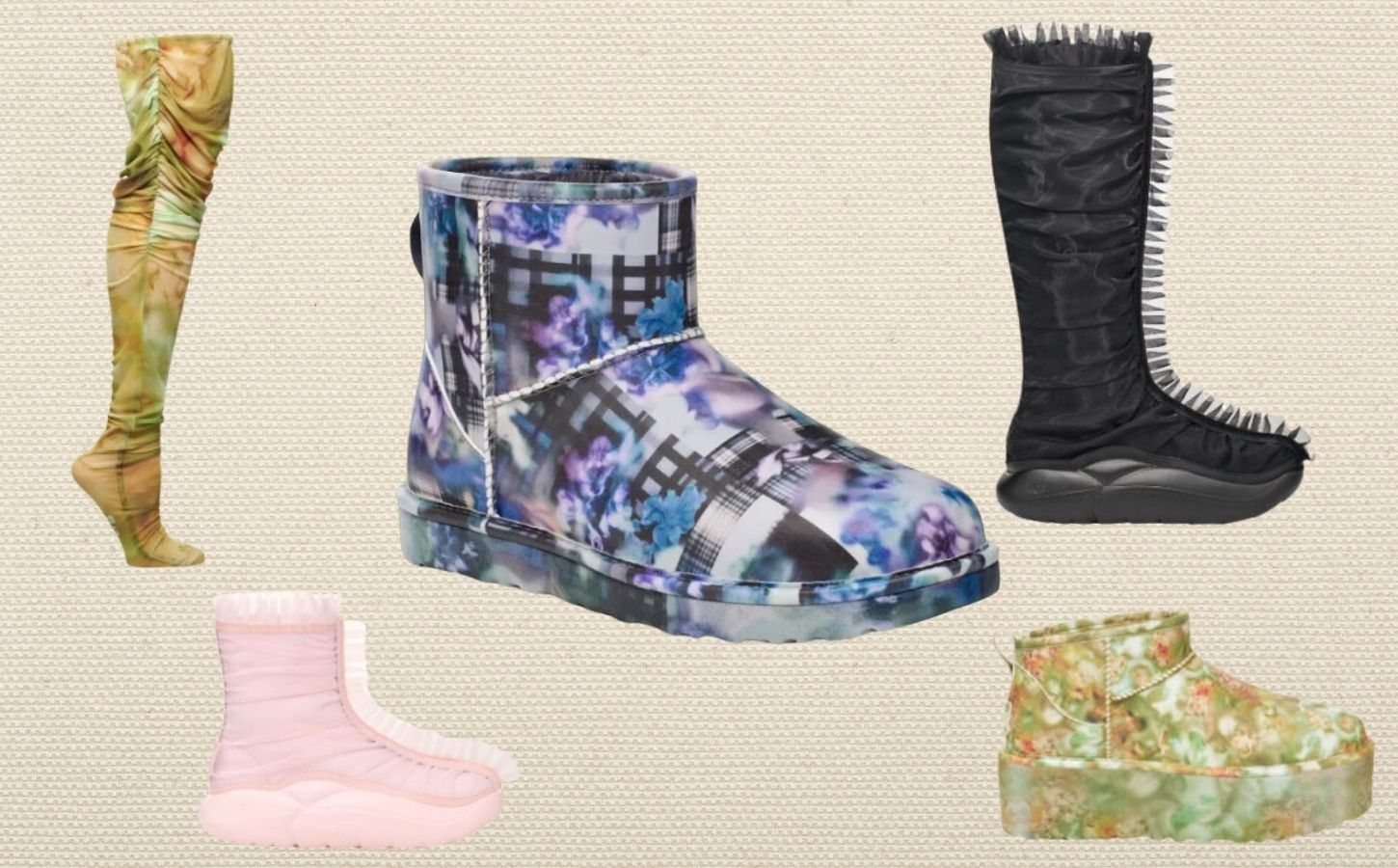 A selection of vegan UGG boots in collaboration with Collina Strada