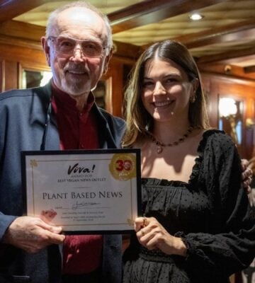 Vegan actor Peter Egan and Plant Based News editor Polly Foreman