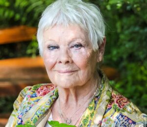 Photo shows actor Dame Judi Dench outdoors holding some green leaves