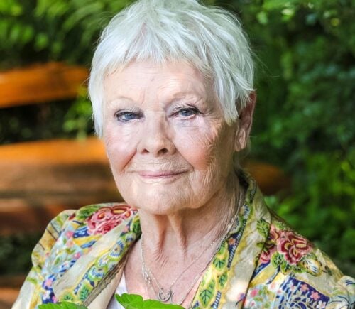 Photo shows actor Dame Judi Dench outdoors holding some green leaves