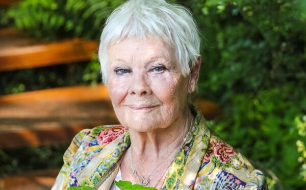 Photo shows actor Dame Judi Dench outdoors holding some green leaves