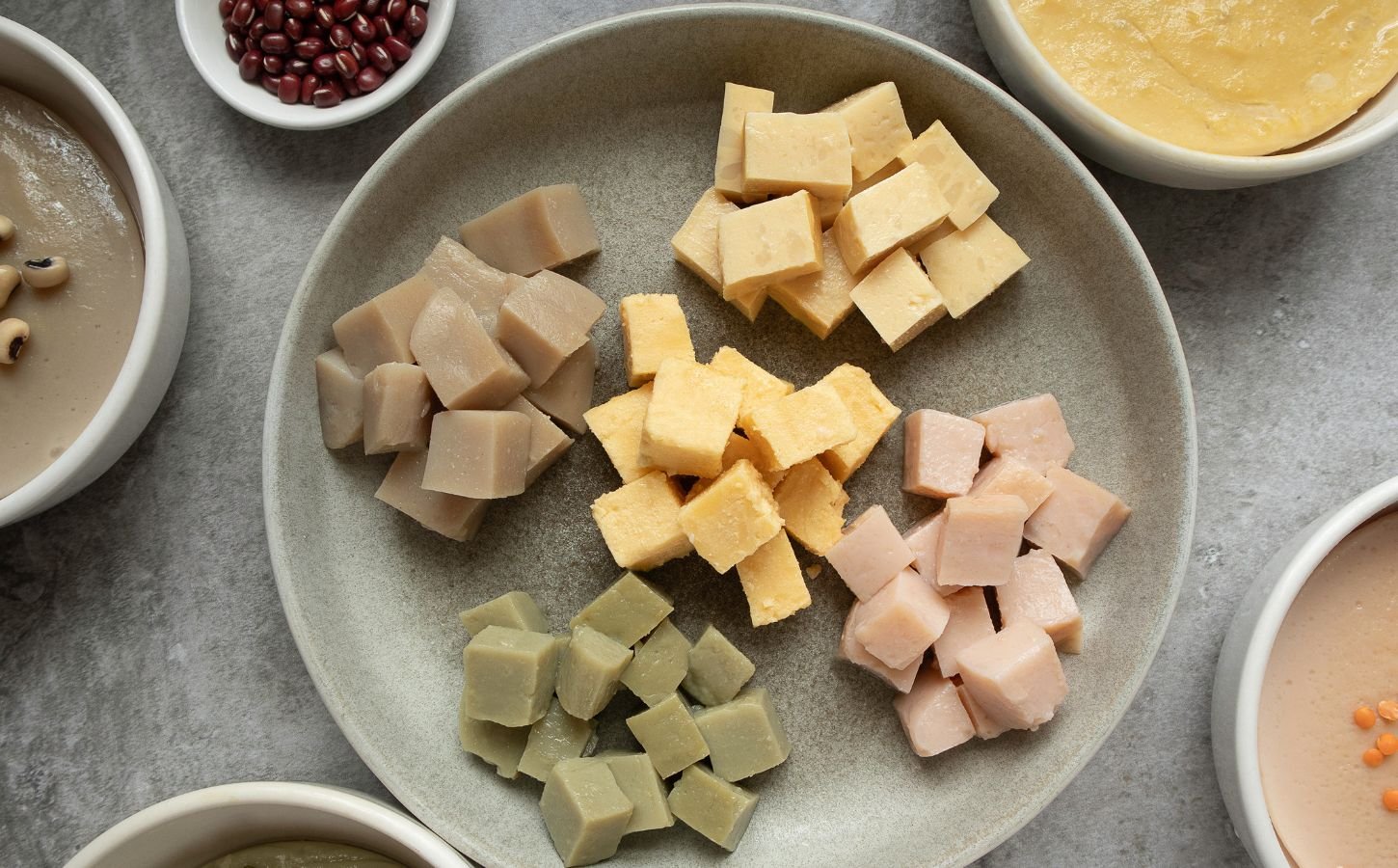 a picture of five different tofu made with chickpeas, black beans, lentils, etc