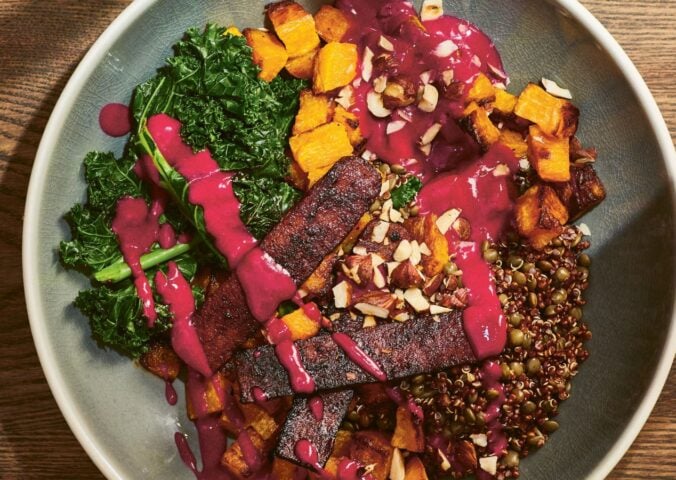 a picture of an autumn everything bowl with yogurt beet sauce