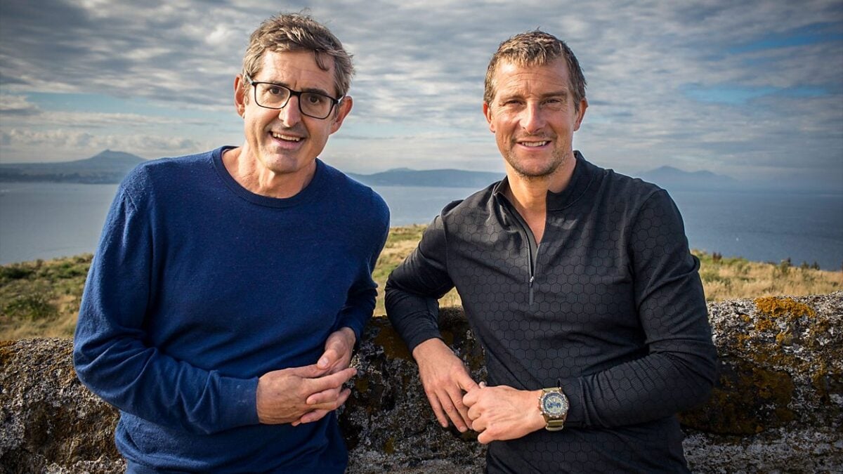 Bear Grylls and Louis Theroux on a walk during an interview for the BBC