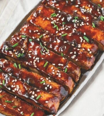 a picture of vegan char siu tofu made with hoisin sauce and five spice