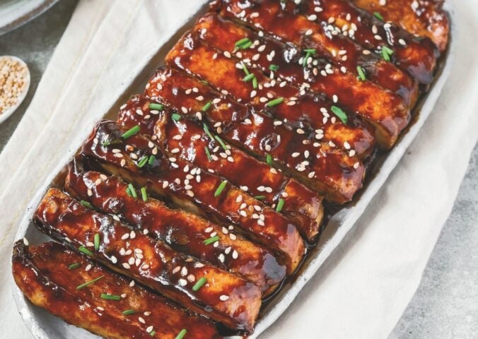 a picture of vegan char siu tofu made with hoisin sauce and five spice