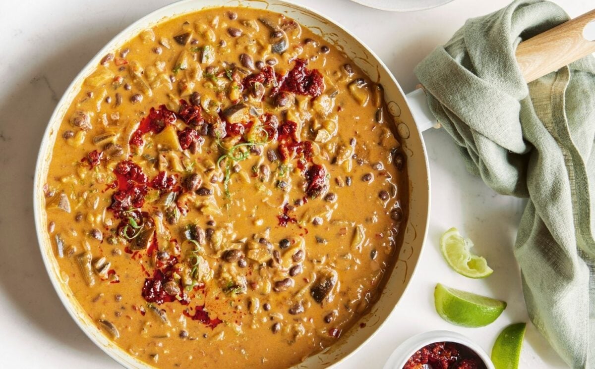 a picture of creamy black bean, harissa, and almond butter stew