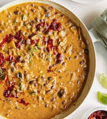a picture of creamy black bean, harissa, and almond butter stew