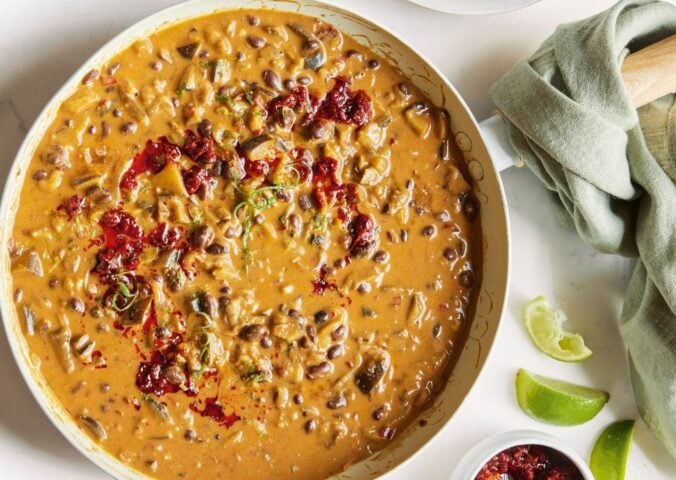 a picture of creamy black bean, harissa, and almond butter stew