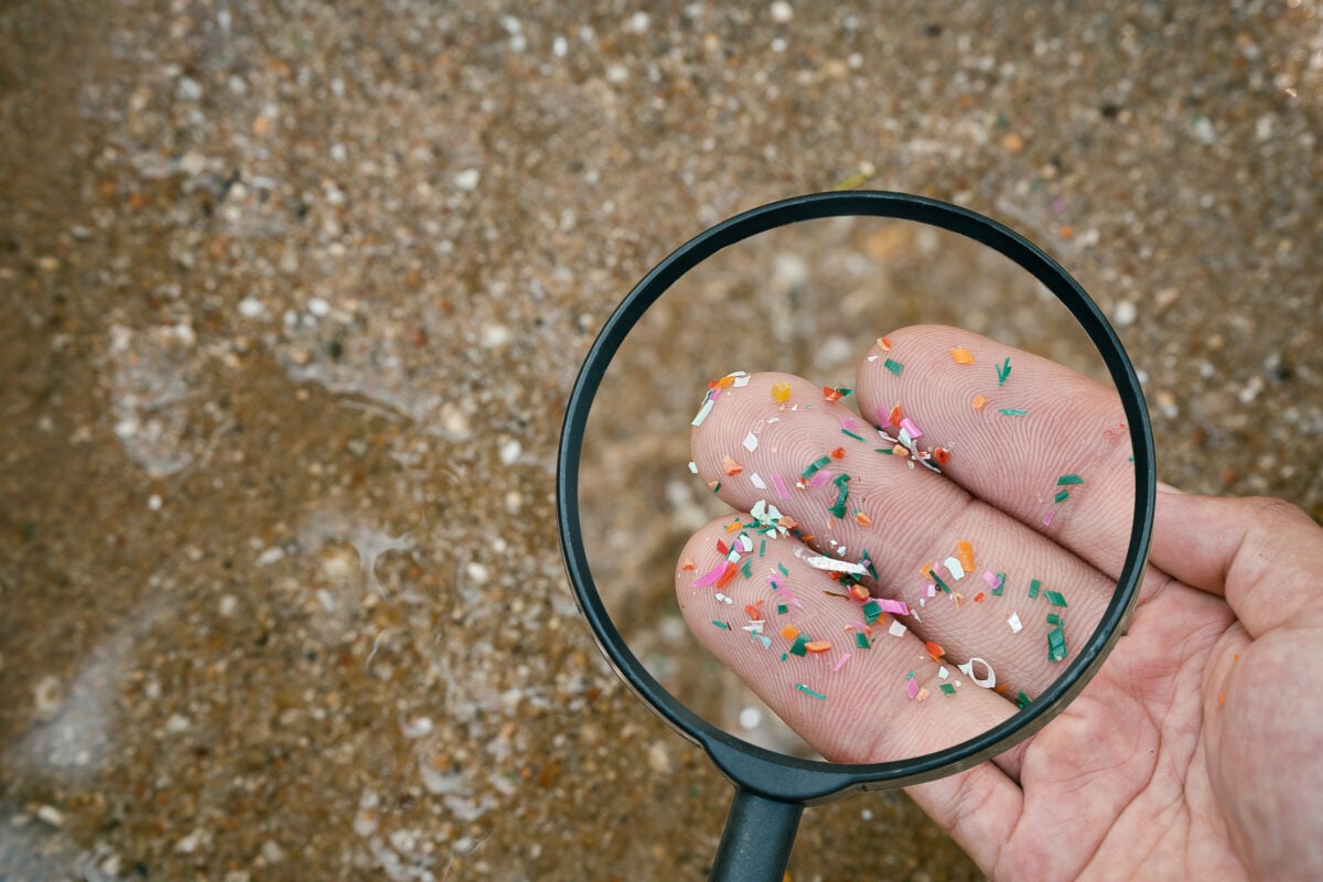 Photo shows someone holding up a handful of microplastics under a magnifying glass while standing on the beach