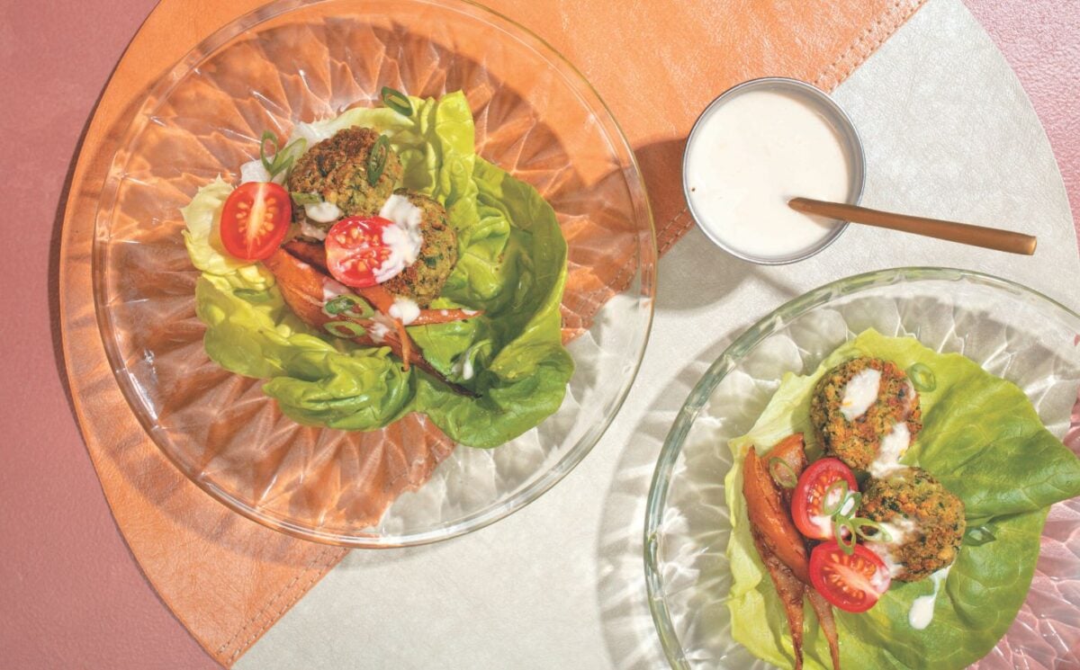 a picture of falafel-pear lettuce wraps with cumin pears, garlic tahini, chickpea and fava bean falafel, and butter lettuce