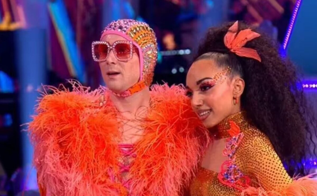 Two contestants wearing feather outfits on BBC show Strictly Come Dancing