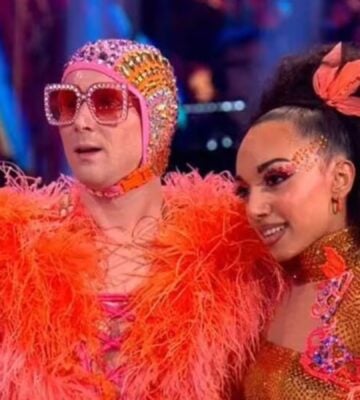 Two contestants wearing feather outfits on BBC show Strictly Come Dancing