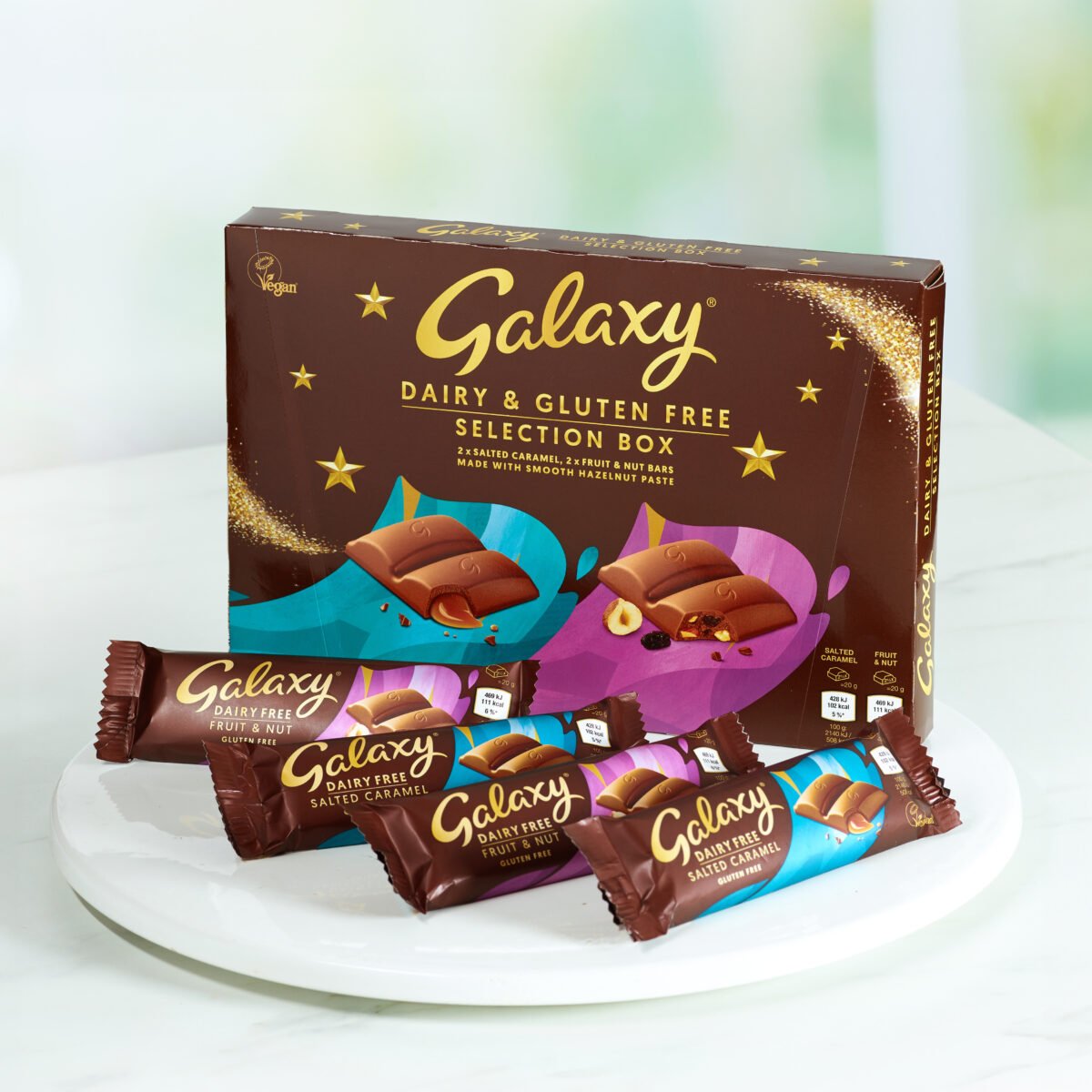 A Galaxy vegan selection box that contains dairy-free chocolate bars