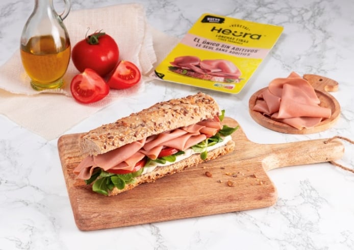 A vegan baguette made with Heura plant-based ham