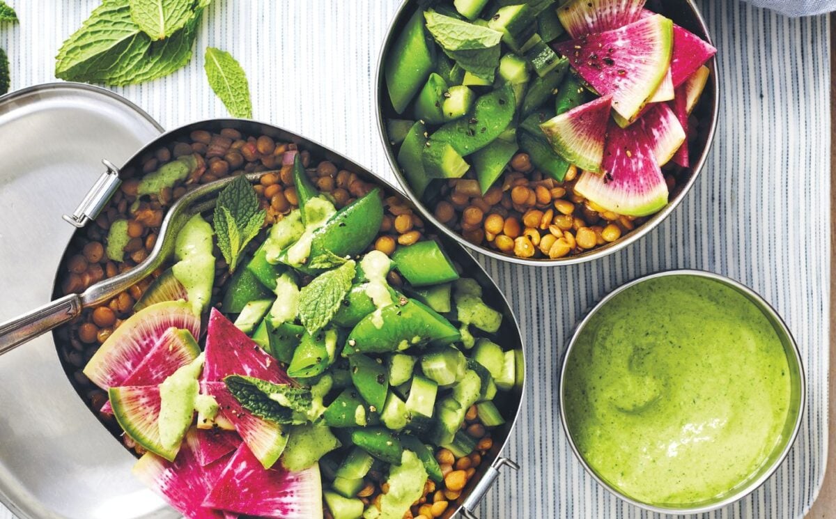 a picture of a vibrant lentil salad with snap peas, watermelon radish, cucumber, and lemon