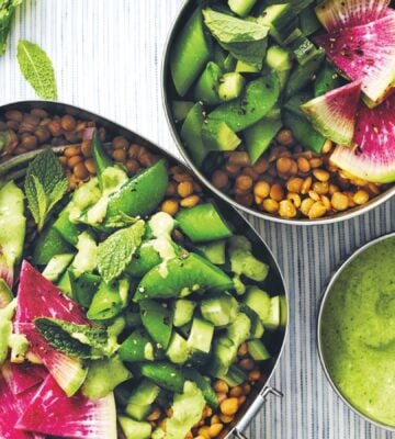 a picture of a vibrant lentil salad with snap peas, watermelon radish, cucumber, and lemon