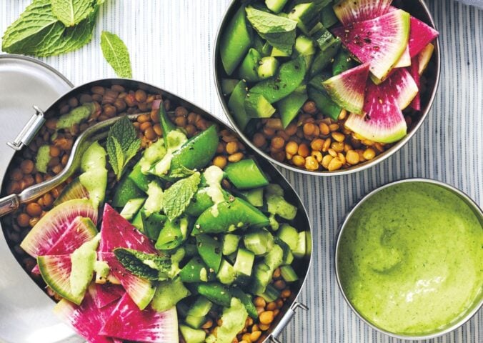 a picture of a vibrant lentil salad with snap peas, watermelon radish, cucumber, and lemon