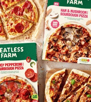 Meatless Farms two new "meaty" pizzas and their boxes