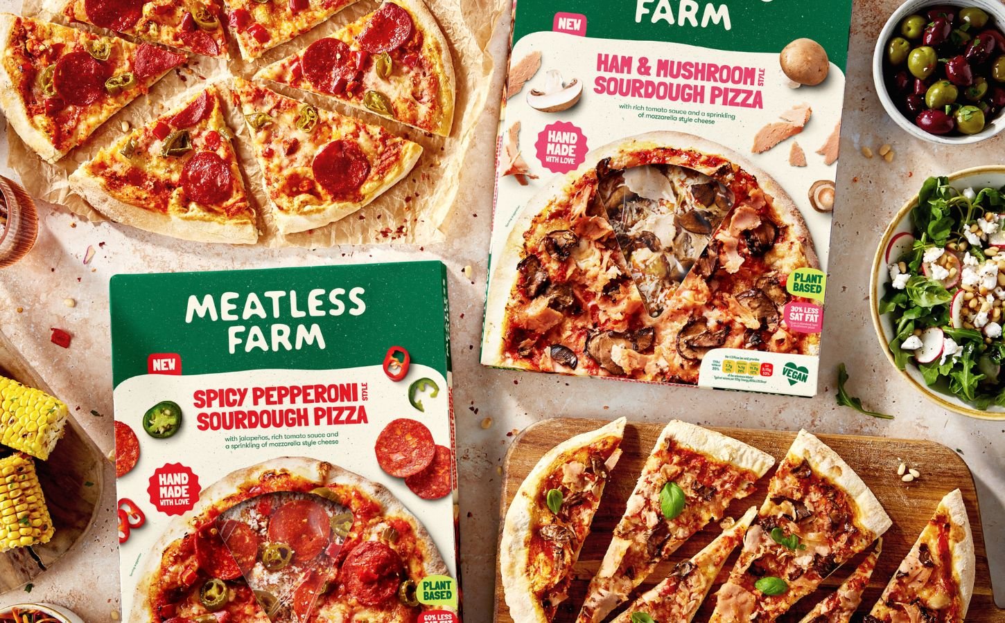 Meatless Farms two new "meaty" pizzas and their boxes